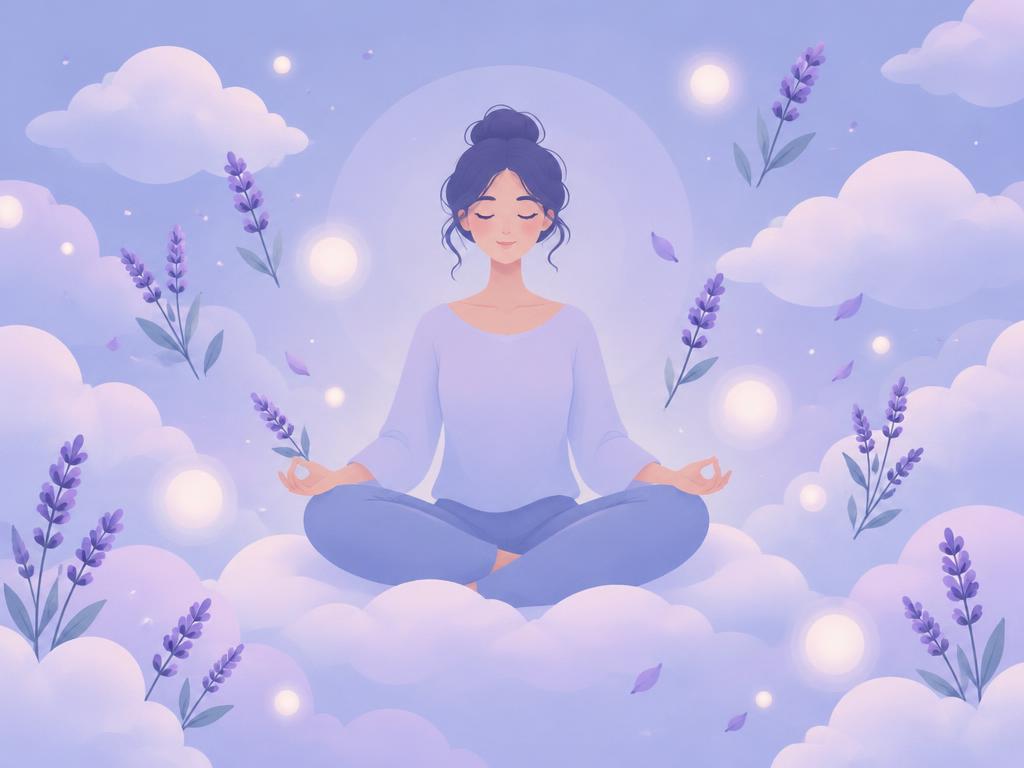 A serene person meditating among lavender clouds